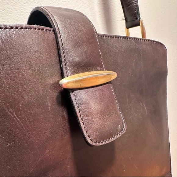 Dana Buchman Dark Brown Genuine Leather Gold Leaf & Signature Zipper Vintage EUC - Picture 7 of 16